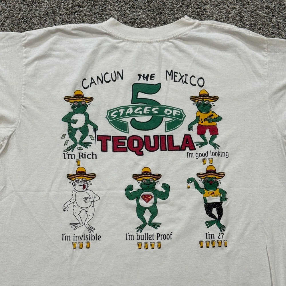 Vintage 90s Cancun Mexico 5 Stages of Tequila Funny Frog Graphic T-Shirt Mens L